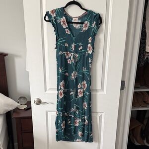 Teal Floral Midi Dress with Pink & Cream Blooms